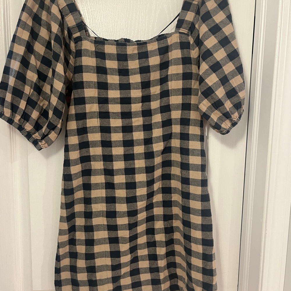 O'Neill Checkered Puff Sleeve Mini Dress - Black and Tan